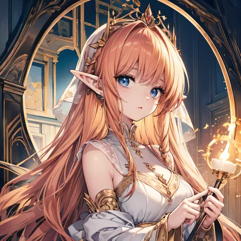 high quality, masterpiece, Delicate hair, Delicate eyes, Delicate hair, ((masterpiece, 最high quality)), high quality, masterpiece, Delicate hair, Delicate eyes, Elf Queen, Elf Ears, woman, Sharp golden eyes,  Redhead, Large Breasts, glamorous, Mysterious A...