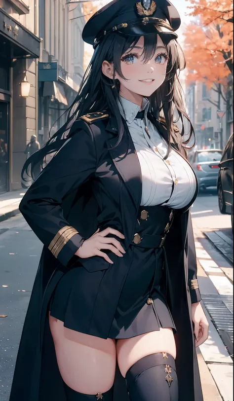 ((Military officer costume,Big Breasts,Black long coat)),beautiful, masterpiece, Best Quality,Beauty, Look at the viewers,smile,The sunlight pours in,Tree-lined street,military cap,boots,Standing,Smiling,Wearing a hat at an angle,Wolf Hair,Facing forward,m...