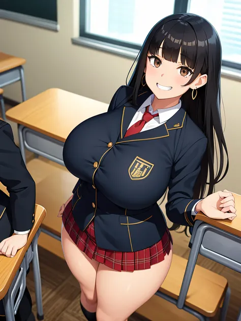 Sexy Girls, Huge breasts, Large Breasts, Black Hair (Straight bangs), Brown eyes, Long Hair, Schoolgirl uniform, Checked mini skirt, Earrings, Grin, Standing, Focus Only, classroom, indoor, Multiple students