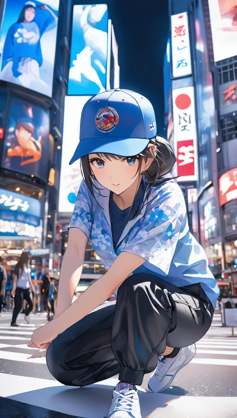 Microphotography。The sword is lit by a blue flame.。The sword has a shining floral pattern.。She holds a Japan sword。Cute girl in anime style。Photorealistic Shibuya Crossing。She is wearing a baseball cap。She is doing acrobatic poses。She is wearing an oversiz...