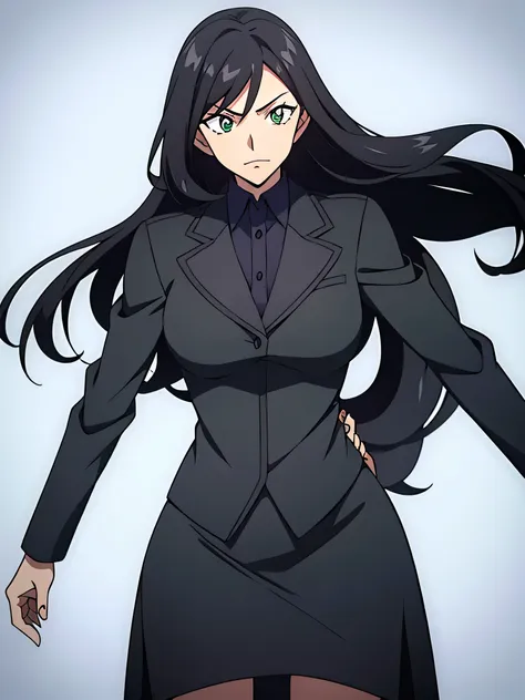 1female, long hair, black hair, green eye, black suit, black skirt,mother