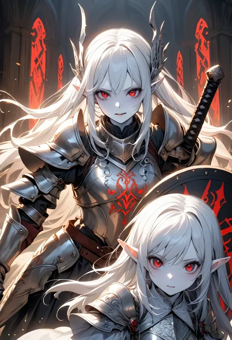 ((best quality)), ((masterpiece)), (detailed), perfect face, albino warrior, ((long white hair, white skin, red eyes)), black ma...