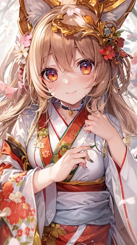 ((Best Quality)),(Ultra-high resolution),(Super detailed),(Detailed Description),((The best CG)),(masterpiece),Highly detailed art,(Art with precise detail:1.5), Long flowing hair,Crimson Eyes,Large Breasts,smile,A kimono decorated with intricate floral pa...