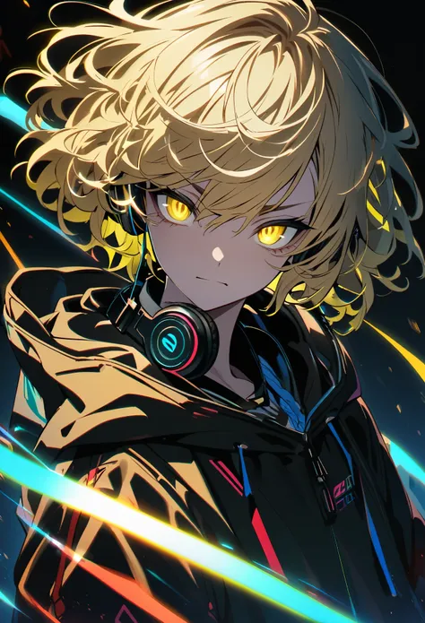 solo、Yellow Hair、Wavy hairstyle、Semi-long、Cat Eye、Sharp Eye、Rinnegan、Yellow Eye、cool、Very detailed、male、1 person、20th Generation、One person、hoodie、、Headphone RGB Lighting