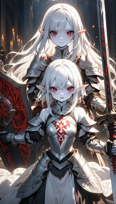 ((best quality)), ((masterpiece)), (detailed), perfect face, Albino warrior, ((long white hair, white skin, red eyes)), black magic sword, (Great sword engraved with red runes), crazy eyes, haggard cheeks, fantasy novel, 2 ladies, ((Silver armor, gloves, a...