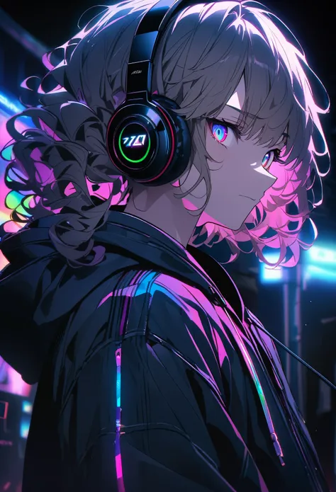 B、イエBーヘア、Wavy hairstyle、セミBング、Cat Eye、Sharp Eye、Rinnegan、イエBーアイ、cool、Very detailed、male、1 person、20th Generation、One person、hoodie、、Headphone RGB Lighting