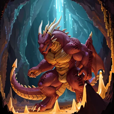 Solo male, large, fierce dragon, wearing golden jewelry, riding stalagmite, dark cavern, maroon scales shimmering, intimidating, muscular