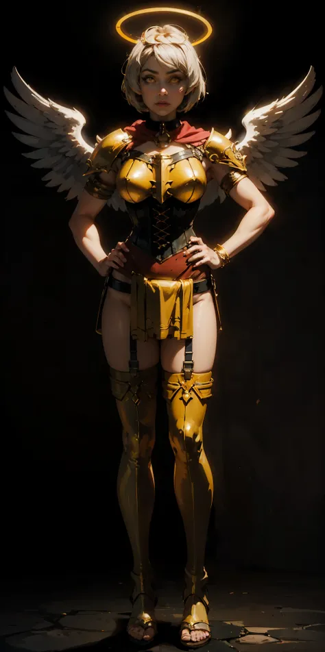 (Black background) paladin lady in ornate golden armor, black collar, pauldrons, breastplate, leather corset, glowing halo, short bob hair style, yellow glowing eyes, bright pupils, eye focus, red cape (full body, whole body, 1solo girl) fighter, loincloth...
