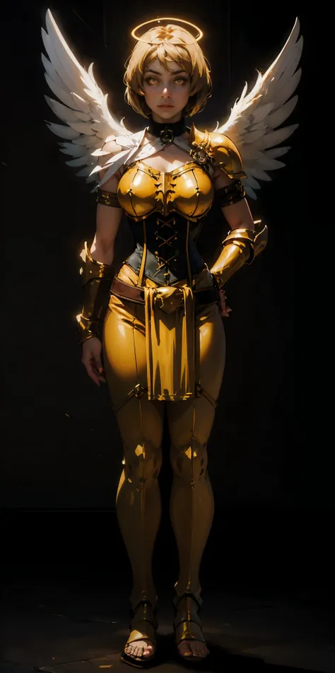 (Black background) paladin lady in ornate golden armor, black collar, pauldrons, breastplate, leather corset, glowing halo, short bob hair style, yellow glowing eyes, bright pupils, eye focus, red cape (full body, whole body, 1solo girl) fighter, loincloth...