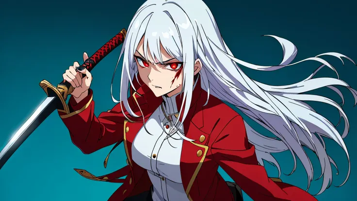 anime girl with white hair holding a sword and wearing a red jacket, girl with white hair, sexy girl, eye serius, perfect white haired girl, girl with serious face, evil, evil face, bloodthirsty look, evil, villains face, vibrant red eyes, evil look, villa...