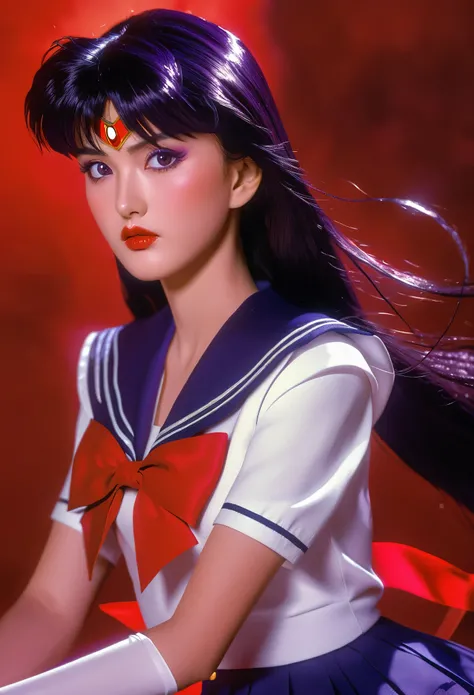 A highly detailed realistic of Sailor Mars, Rei Hino, in a dark fantasy movie setting, photorealistic, extremely detailed facial features, striking purple eyes, full lips, long eyelashes, elegant hairstyle, detailed red sailor mars uniform design, dramatic...