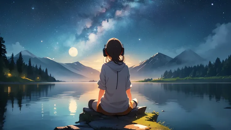 A girl listens to calming music with headphones, sitting by a tranquil lake under the soft glow of the moon. Mist rises gently from the water, while stars shimmer above, and the Milky Way stretches across the sky. The atmosphere is serene and magical, with...