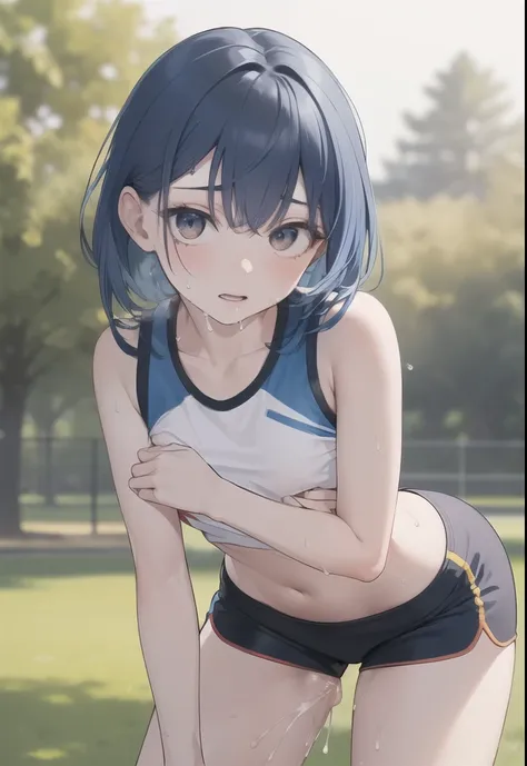 nsfw:1.2, (masterpiece, Best image quality, high quality, High resolution, Realistic:1.2)、Red cheeks,  Blue Hair,  Solo is, woman, , Play sports often,  Yoga Shorts,  Colorful clothing, Park, null, tree々,   is focus,  (Leaning forward、sweat:1.5、Overflowing...