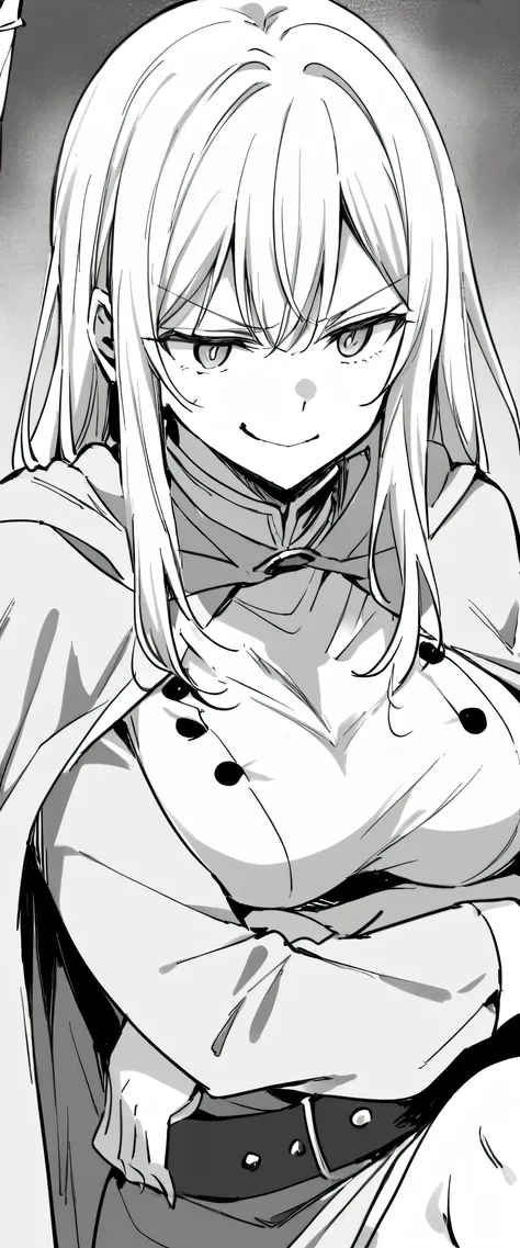 women in cape with mocking smile, large breasts, looking at front, black and white manga image.