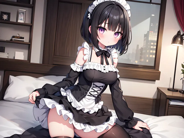 1girl, silver eyes,,black maid, thighhighs, ,black hair,,A-line bob cut hair,solo,
,room,sex from behind,grab her hip,
,((expressionless))