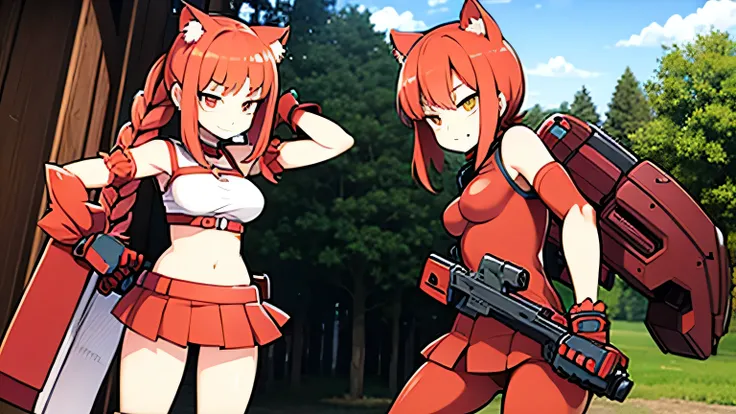 anime girl ,short red hair and red furry cat ear with weapons , and war helmet