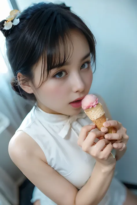 From above, Close-up of face,holding 棒ice,棒ice_lick,lick,Tongue_go out, Open_mgo outh,ice-cream,masterpiece,,1 Girl, blush,,,(Genshin Impact), trumpet, Blue short hair, Black body stockings,White clothes,,Rose,Dark_background,  flower, ice_flower, ice柱,,Gl...