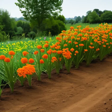 there is a plant that is growing in the dirt, often described as flame-like, flowers with very long petals, orange fluffy spines, huge flame fantasy plant, orange blooming flowers garden, orange grass, by Juergen von Huendeberg, tall flowers, highly orname...