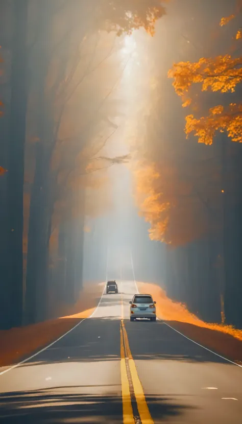 cars driving down a road in the middle of a forest, road between tall trees, orange fog, cars on the road, road in a forest road...