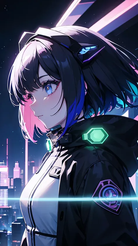 please generate a 16:9 illustration. taste: japanese anime, cyberpunk this is a futuristic portrait illustration of a girl's pro...