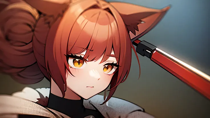 anime girl ,short red hair and red furry cat ear with weapons , and war helmet