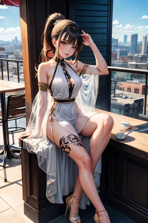 Ponytail hair, brunette hair, light brown eyes, fancy long dress, transparent dress, heels, arm up, bare shoulders, thick, coloured tattoos on both arm and neck, cafe, looking at viewer, city view, full body, High Details, Masterpiece, 