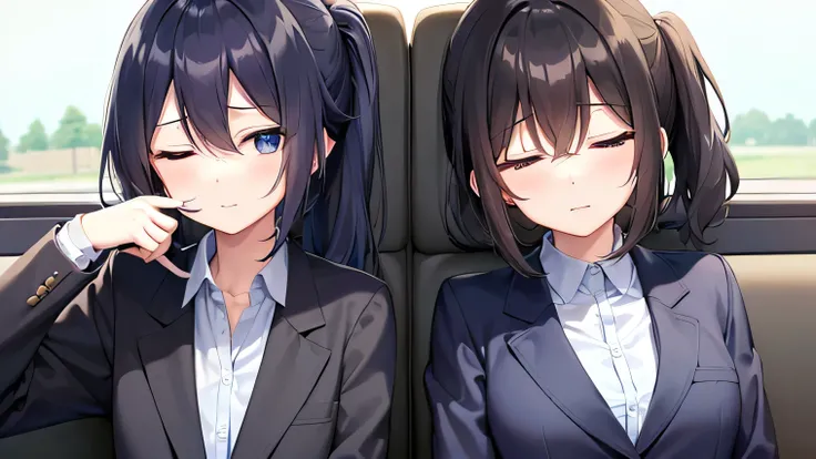 sleep、sleep female one person、Inside a passenger car,(((((((Close both eyes))))))))、((32歳のsleep female one person))、(((Sit in the passenger seat)))、((ponytail、Black Hair))、(((blue eyes))),((Portrait))、(((((紺のtailored jacket、shirt))))、((Grinning and sleepin...