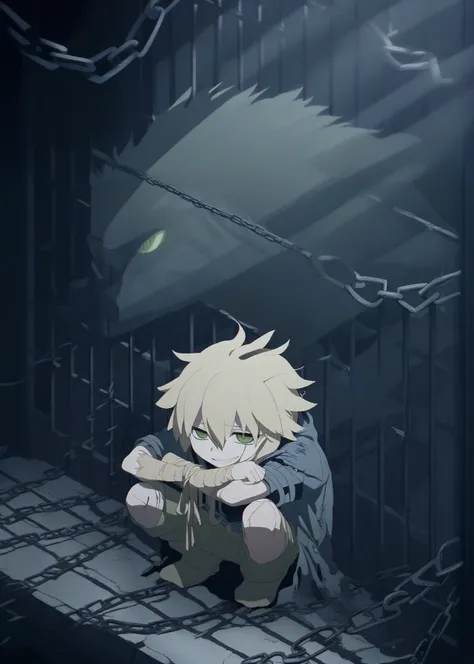 1 boy，Flaxen hedgehog head，Green narrow eyes，Short，Squatting，Torn coat，Weird smile，Miosis，prison，Iron Cage，Hands tied with chains，dark，Movie lighting，Sunlight pours in from the windows