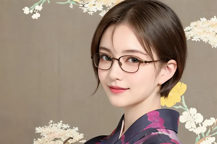 2 (20-year-old woman,short hair) , (a kind smile) , (kimono), (colorful), (japanese painting by uemura shōen), flower, glasses