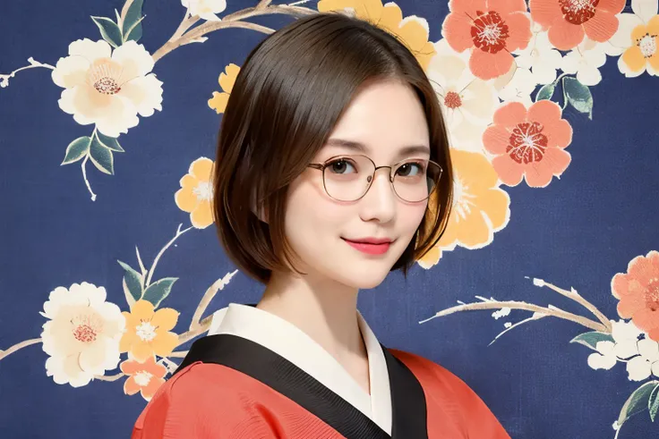 2 (20-year-old woman,Short Hair) , (A kind smile) , (kimono), (colorful), (Japanese painting by Uemura Shōen), flower, Glasses