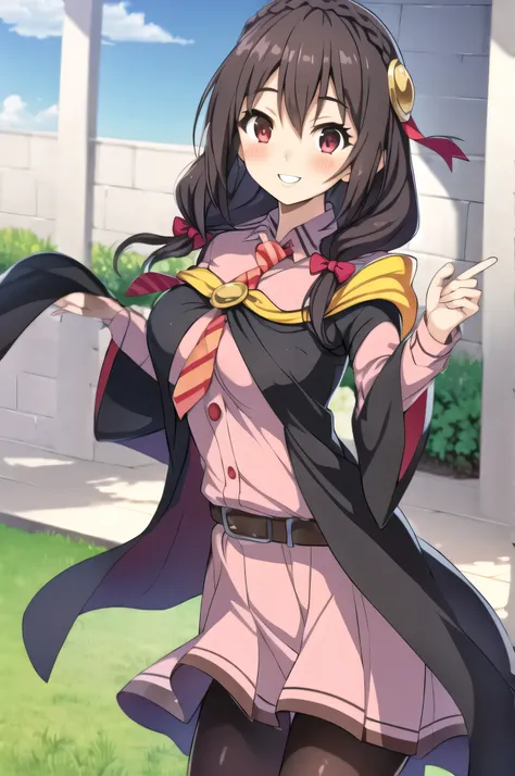 (masterpiece, best quality), anime、1girl,    yunyun,long hair,braid,twintails,hair between eyes,hair bow,hair ornament,large breasts,(cape:1.2),necktie,shirt,pink shirt,long sleeves,belt,pink skirt,pantyhose,loafers,brown footwear、(The best smile:1.5),(blu...