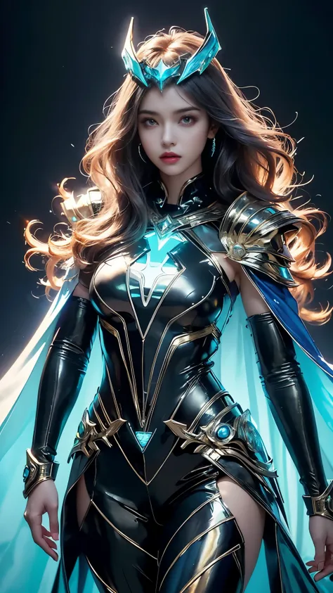 Top quality, masterpiece, ultra high definition, Original photo, 1 Girl, ((slim body)), ((wavy sardine)), cinematic lighting, very long hair, detailed eyes, wind, necklace, piercing, ((explorer cospaly)), ((ironic outfit)), blue outfit, ((electric cape)), ...