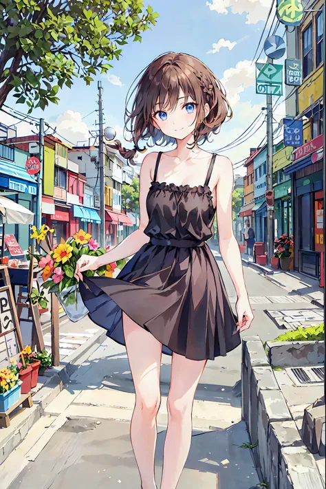 Brown Hair，Shortcuts，Messy Hair，Short braided hair，Neat，Slender beauty，A dignified posture，Small chest，Beautiful feet，Her captivating grey-blue eyes shine like stars，Vibrant colors,Beautiful Eyes,繊細なsmile,Textured Skin,The best quality at its best,A kind a...