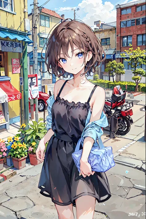 Brown Hair，Shortcuts，Messy Hair，Short braided hair，Neat，Slender beauty，A dignified posture，Small chest，Beautiful feet，Her captivating grey-blue eyes shine like stars，Vibrant colors,Beautiful Eyes,繊細なsmile,Textured Skin,The best quality at its best,A kind a...