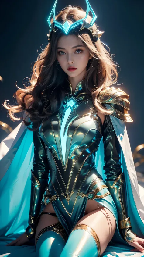 Top quality, masterpiece, ultra high definition, Original photo, 1 Girl, ((slim body)), ((wavy sardine)), cinematic lighting, very long hair, detailed eyes, wind, necklace, piercing, ((explorer cospaly)), ((ironic outfit)), blue outfit, ((electric cape)), ...