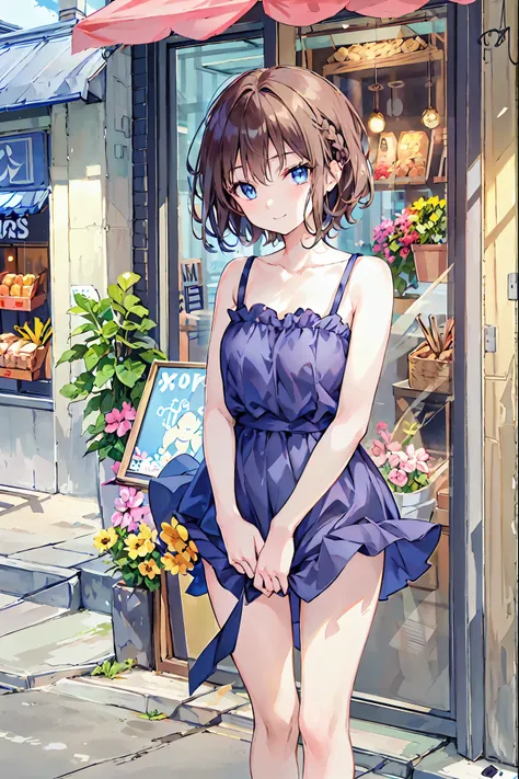 Brown Hair，Shortcuts，Messy Hair，Short braided hair，Neat，Slender beauty，A dignified posture，Small chest，Beautiful feet，Her captivating grey-blue eyes shine like stars，Vibrant colors,Beautiful Eyes,繊細なsmile,Textured Skin,The best quality at its best,A kind a...