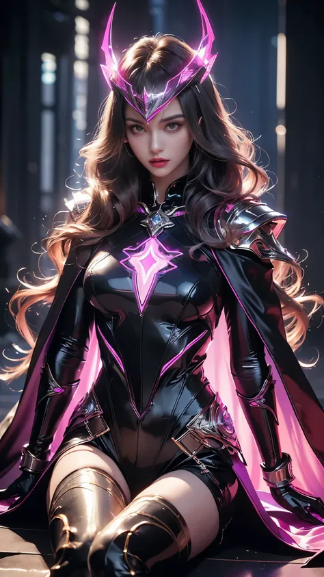 Top quality, masterpiece, ultra high definition, Original photo, 1 Girl, ((slim body)), ((wavy sardine)), cinematic lighting, very long hair, detailed eyes, wind, necklace, piercing, ((explorer cospaly)), ((ironic outfit)), purple outfit, ((electric cape))...