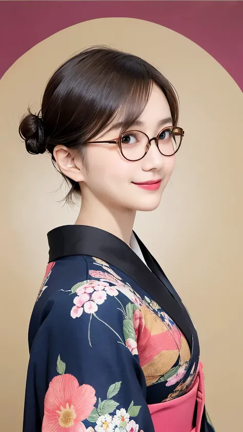 2 (20-year-old woman,Short Hair) , (A kind smile) , (kimono), (colorful), (Japanese painting by Uemura Shōen), flower, Glasses