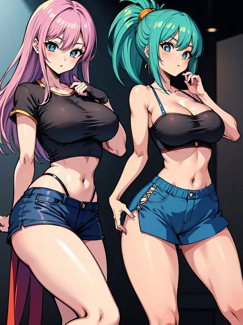 all realistic anime intricate details: "1 girl view, character: bulma (Dragon Ball), features: perfect body with blue hair, big and expressive eyes. outfit: very short and comfortable casual clothes. bulma es una chica sensual y seductora profesional"