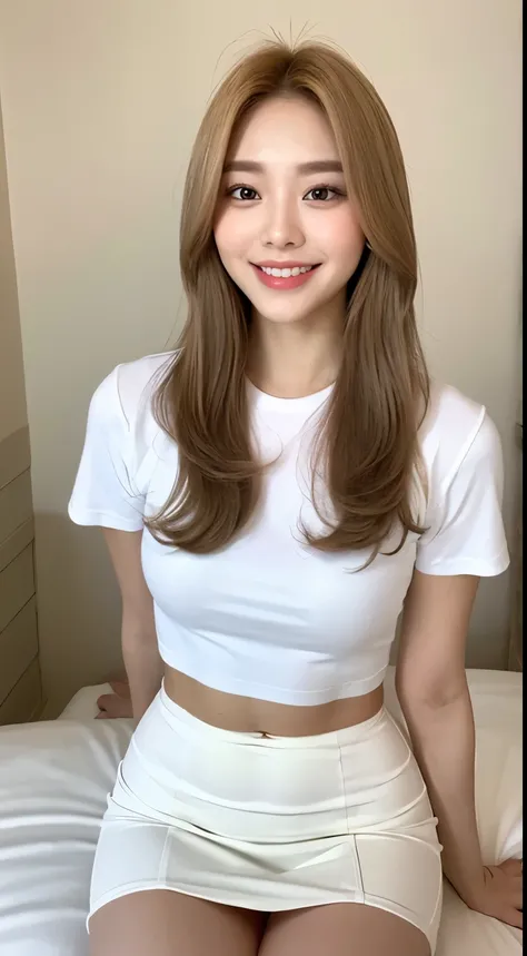 White tight shirt、White tight mini skirt、bed、smile、Short sleeve、High resolution、Korean idol face、double eyelid、White teeth、Medium Hair