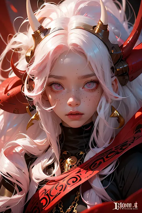 boy, ((pink eyes)), very long and wavy hair, white hair with bright pink highlights, golden demon horns on his head, full pink lips, ((albino)), freckles on his face, albino skin, albino hair, androgynous face, masterpiece, detailed, 16k quality