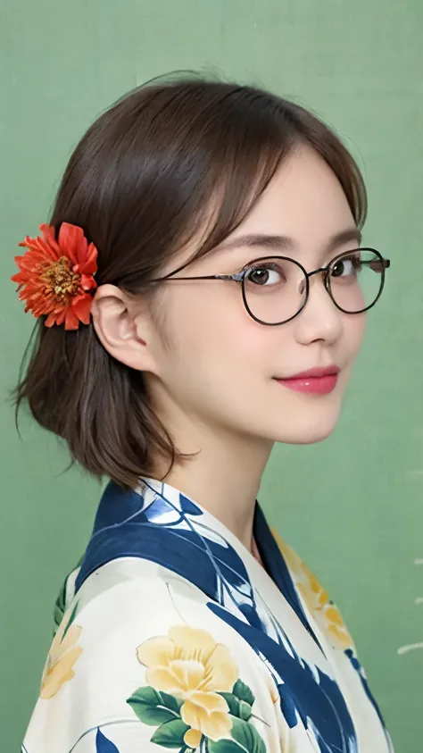 2 (20-year-old woman,short hair) , (a kind smile) , (kimono), (colorful), (japanese painting by uemura shōen), flower, glasses