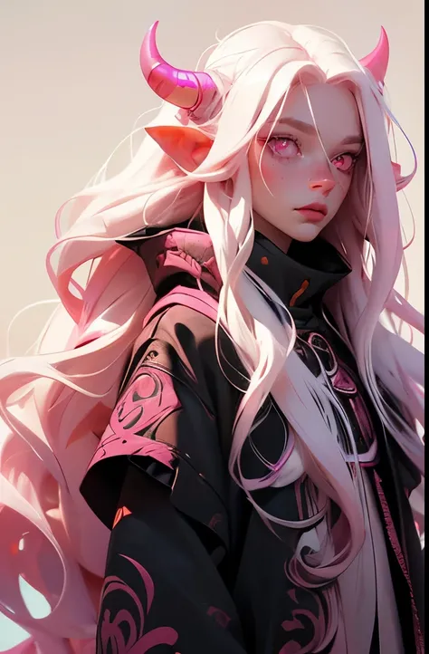 boy, ((pink eyes)), very long and wavy hair, white hair with bright pink highlights, golden demon horns on his head, full pink lips, ((albino)), freckles on his face, albino skin, albino hair, androgynous face, masterpiece, detailed, 16k quality