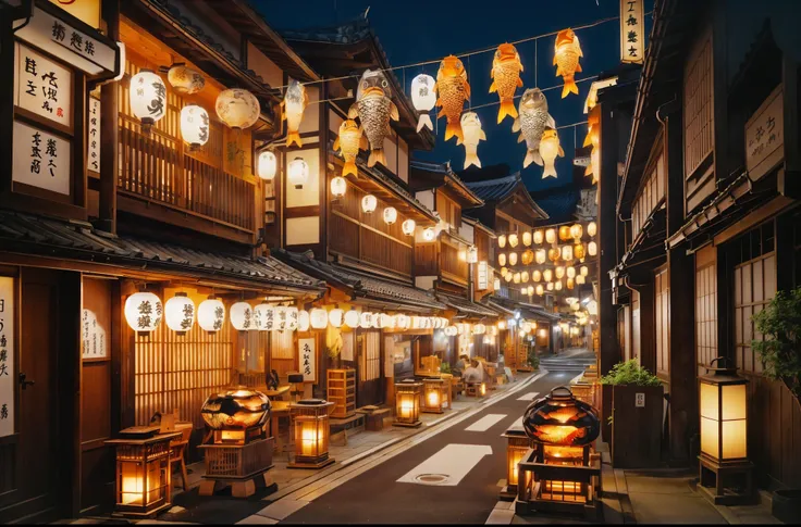 lanterns hanging over a street in a japanese village at night, in a japanese town at night, japanese town, japan. volumetric lighting, edo japan, japanese street, kyoto inspired, japanese city at night, street lanterns glow, street lanterns are shining, ja...