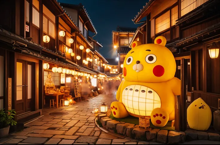 A giant Kawaii-style yellow teddy bear character is sitting on the street of Kyoto at night, surrounded by lanterns and traditional Japanese buildings with wooden architecture. The scene has an atmosphere reminiscent of old Japan, with warm tones and soft ...