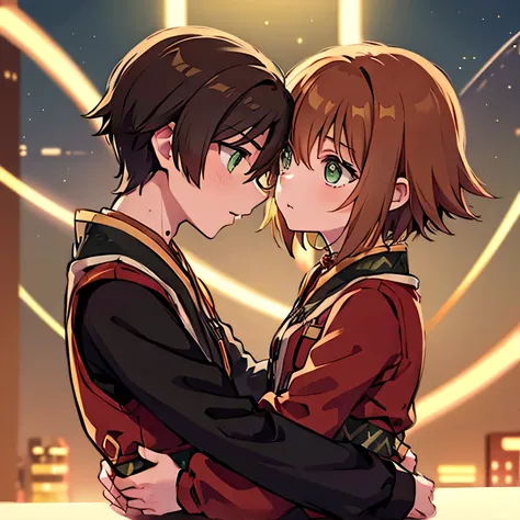 a girl with green eyes, short brown hair , red blouse with long sleeves, googles her hair, affectionately kissing a boy with sho...