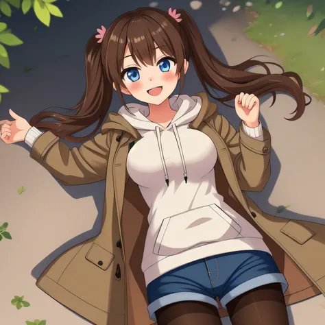 outdoors,
smirk,blush,open mouth,
solo,
MGYumaChan,1girl,brown hair,twintails,hair_ornament,blue eyes,tan,
large breasts,
hoodie,coat,
shorts,
black pantyhose,on back,lying,