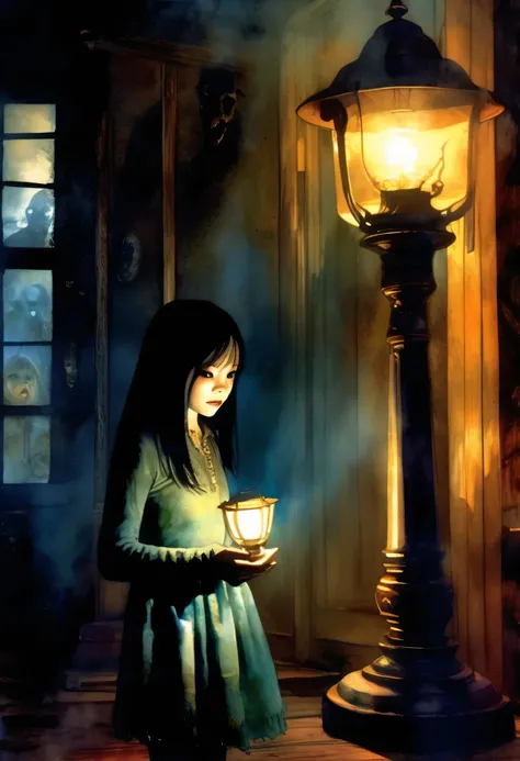 (Watercolor style, Spectrum Art:1.0)+ Majestic Ocean , (Best illustrations:2.0),A girl holding a lamp in her hand tests her courage in a dark old Western-style house at night、Girl trembling with fear、Behind the girl, there are many demons about to attack h...