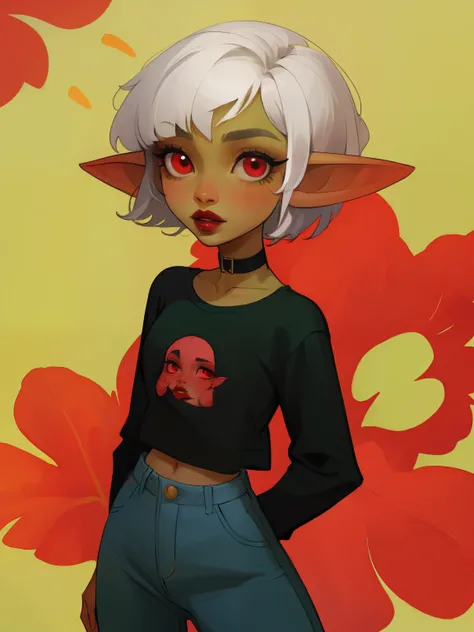 Goblin girl. white hair. red eyes. dark green skin. very short hairstyle. choker. red lips. jeans. shirt.