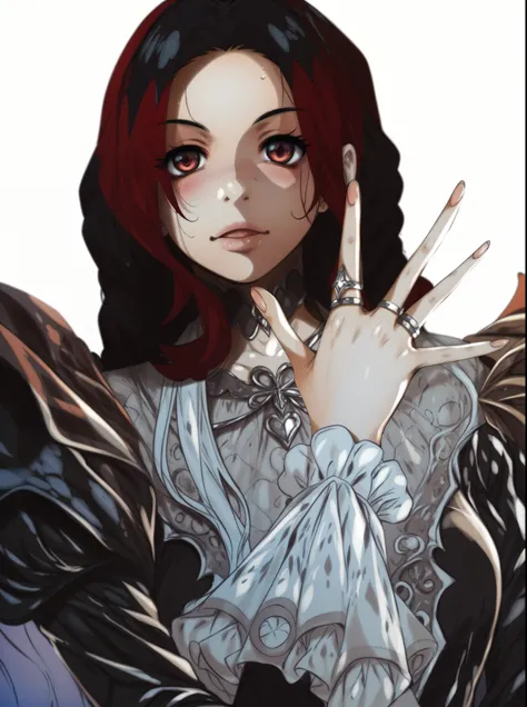 Red hair,a close up of a person with a ring on their finger, yoshitakka amano , by amano, portrait knights of zodiac girl, bastien yoshitaka amano, malice mizer, by Yumihiko Amano, ((a beautiful fantasy empress)), lodoss, range murata yoshitaka amano